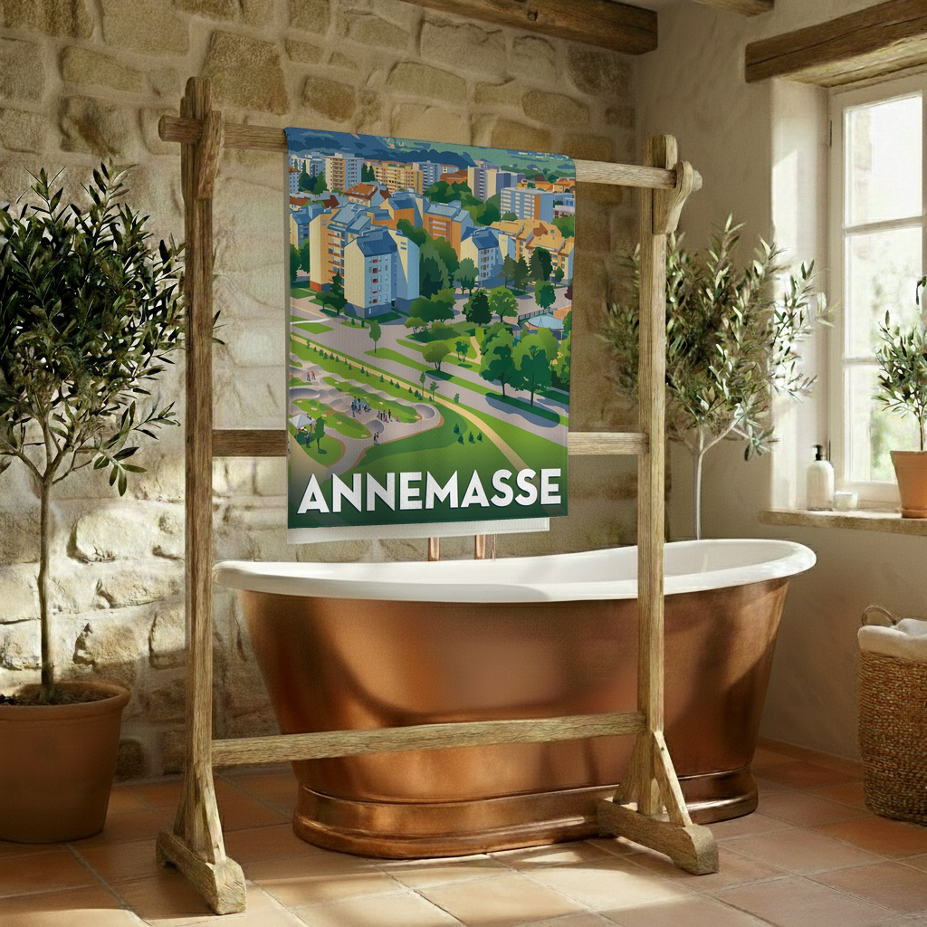 Serviette de bain souvenir de la ville d'Annemasse avec une illustration urbaine stylisée.