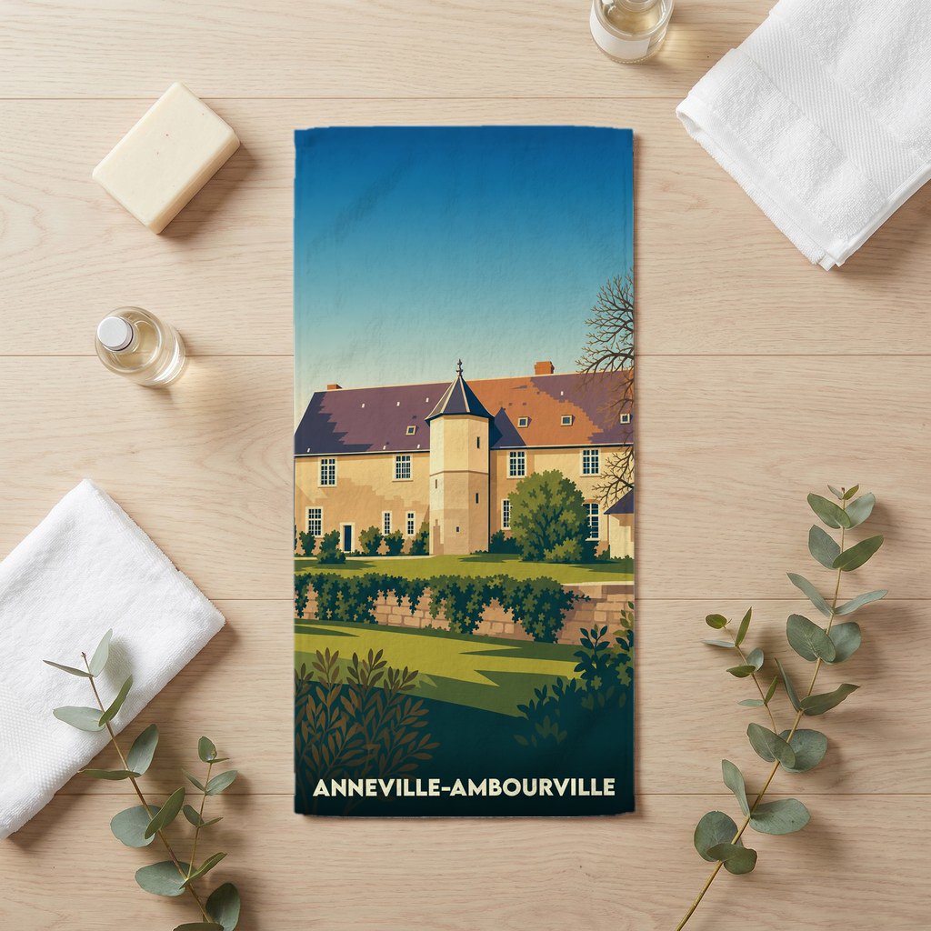 Serviette de bain souvenir d'Anneville-Ambourville avec une illustration stylisée de son patrimoine.
