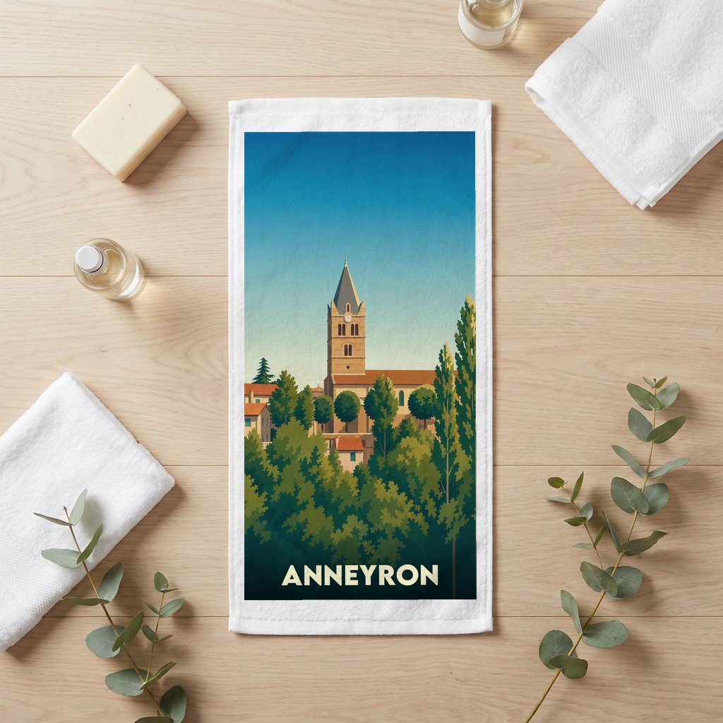 Serviette de bain souvenir de la ville de Anneyron avec une illustration stylisée.