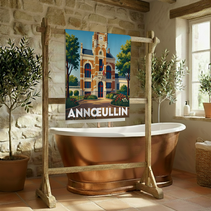 Serviette de bain souvenir de la ville de Annœullin avec une illustration stylisée de son hôtel de ville.