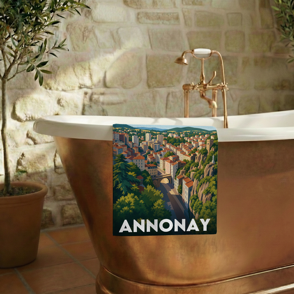 Serviette de bain souvenir de la ville d'Annonay avec une illustration stylisée.