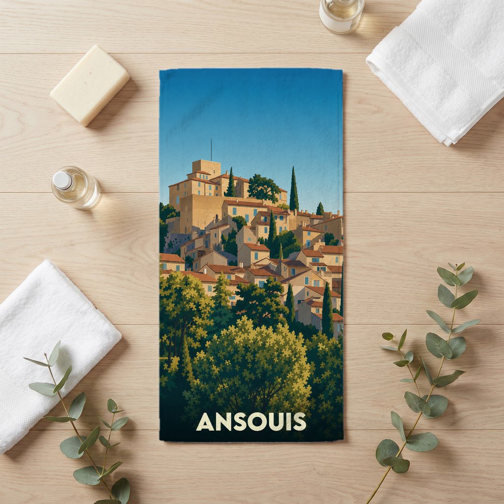 Serviette de bain souvenir de la ville d'Ansouis avec une illustration stylisée.