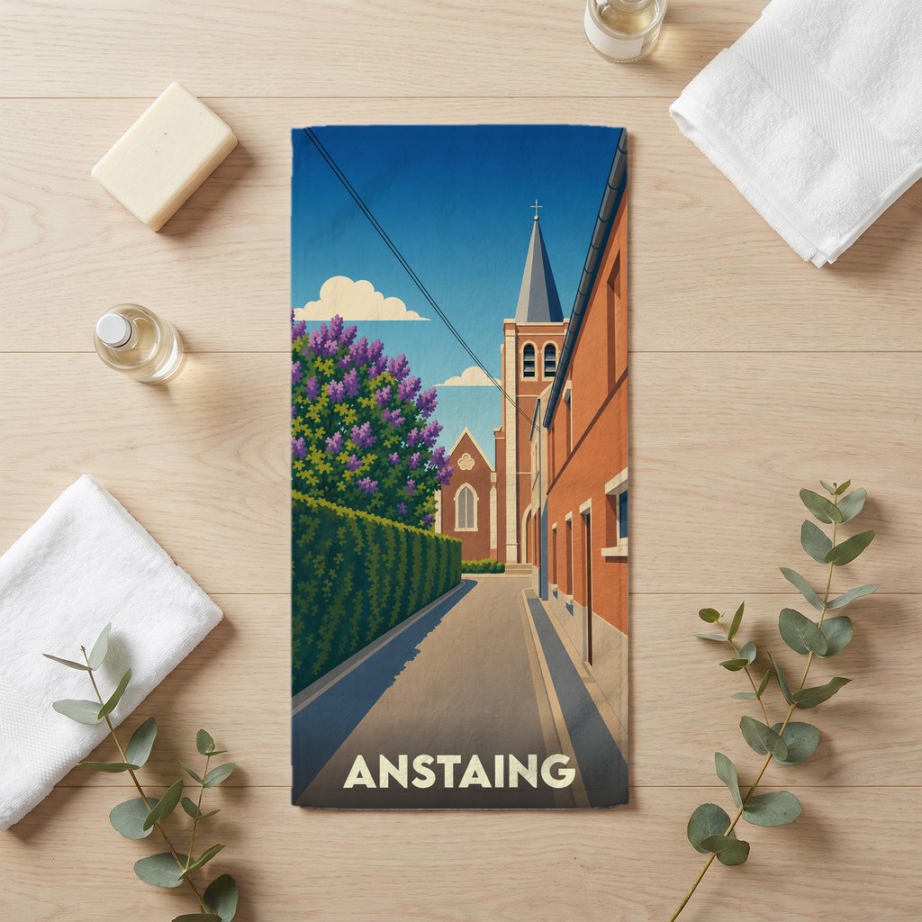 Serviette de bain souvenir de la ville d'Anstaing avec une illustration stylisée d'une église et d'une rue fleurie.