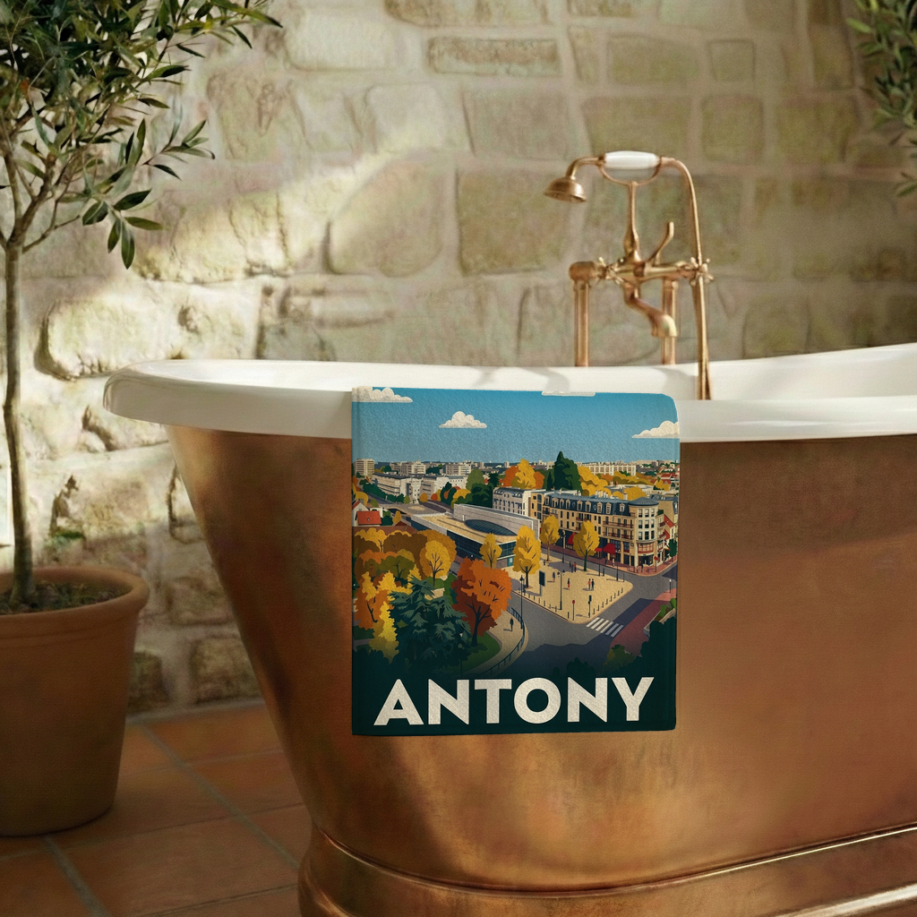 Serviette de bain souvenir de la ville de Antony avec une illustration stylisée.