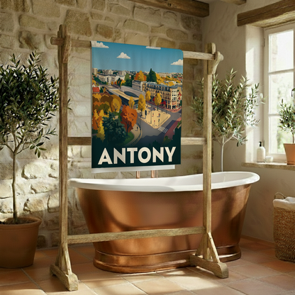 Serviette de bain souvenir de la ville d'Antony avec une illustration stylisée.