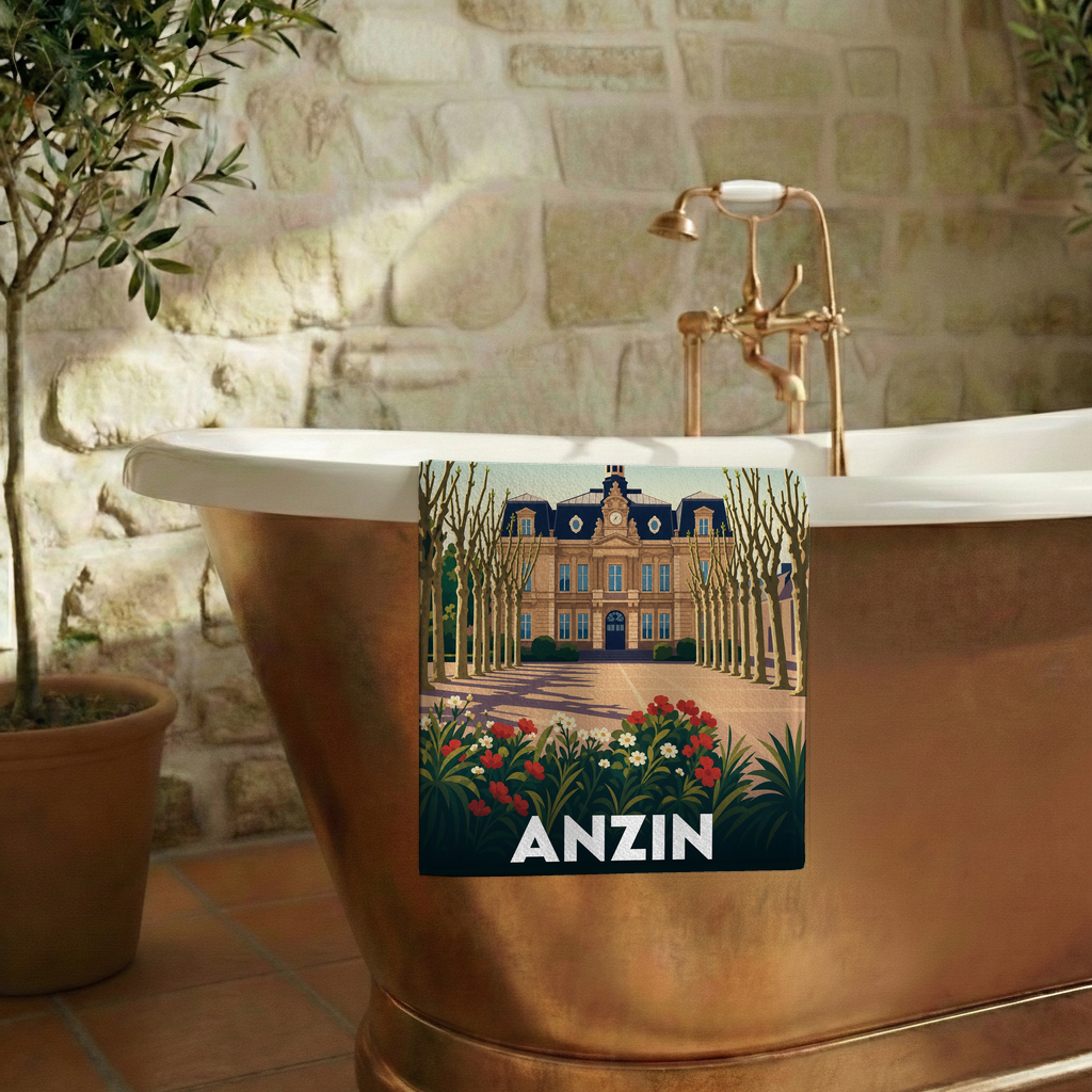 Serviette de bain souvenir de la ville d'Anzin avec une illustration stylisée.