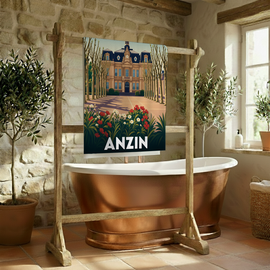 Serviette de bain souvenir de la ville d'Anzin avec une illustration stylisée.