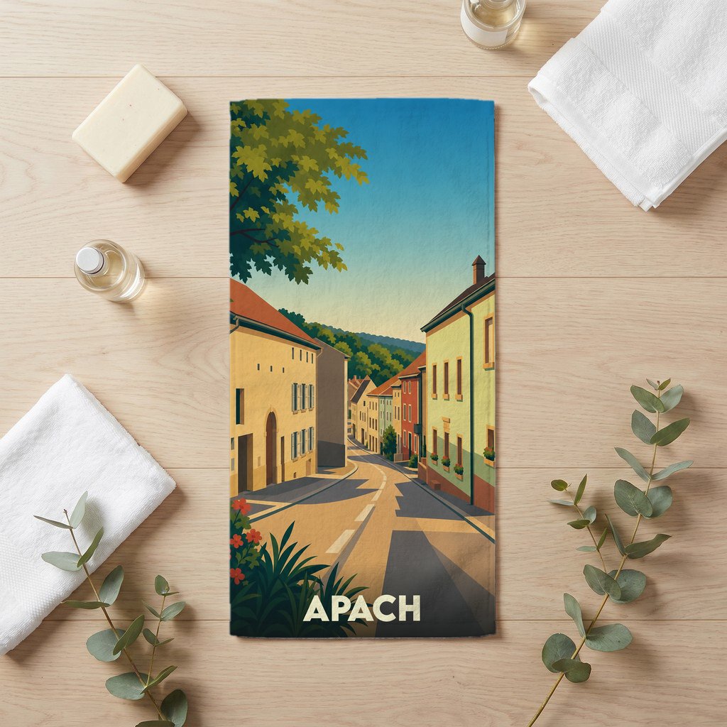 Serviette de bain souvenir de la ville d'Apach avec une illustration stylisée.