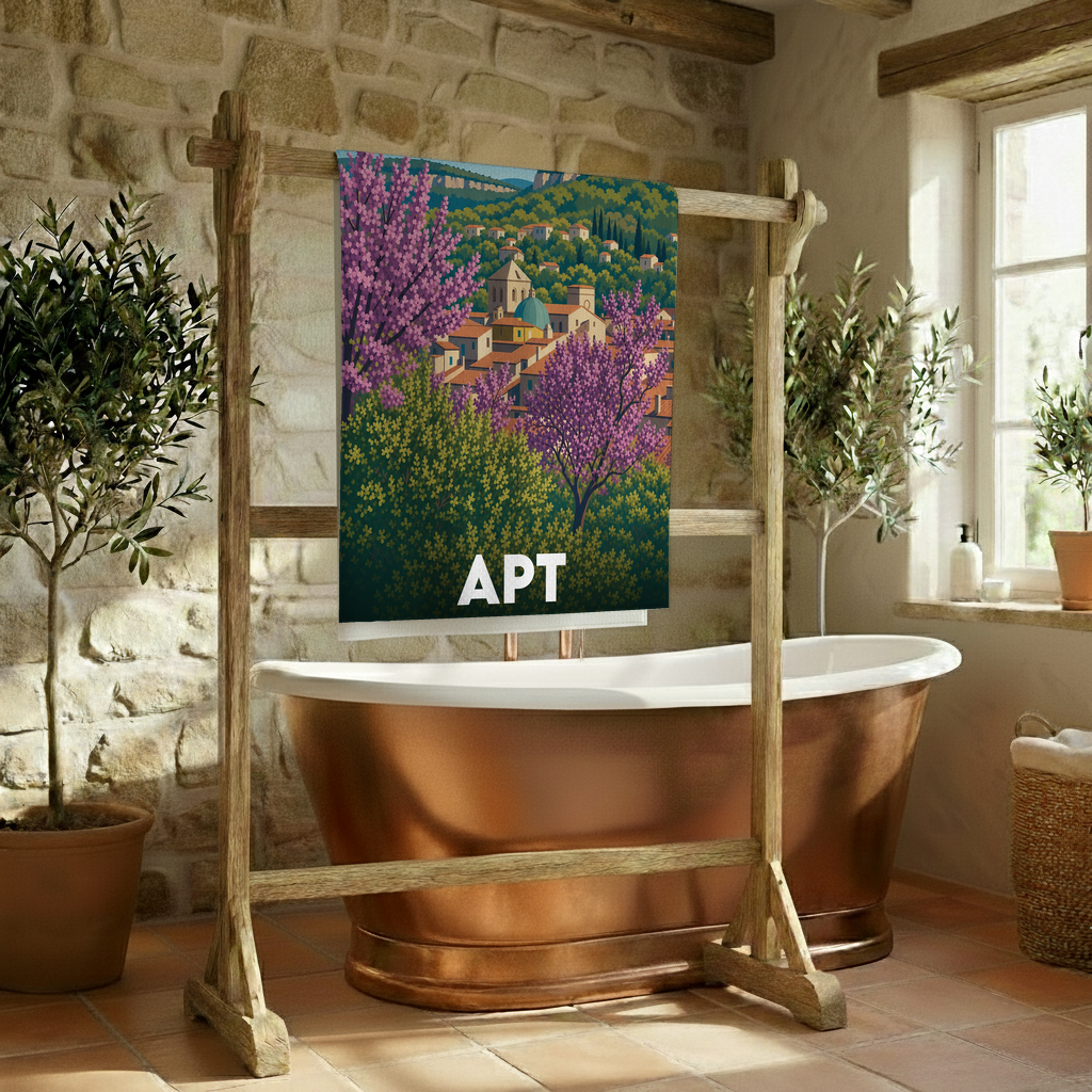 Serviette de bain souvenir de la ville de Apt illustrant un paysage provençal fleuri.