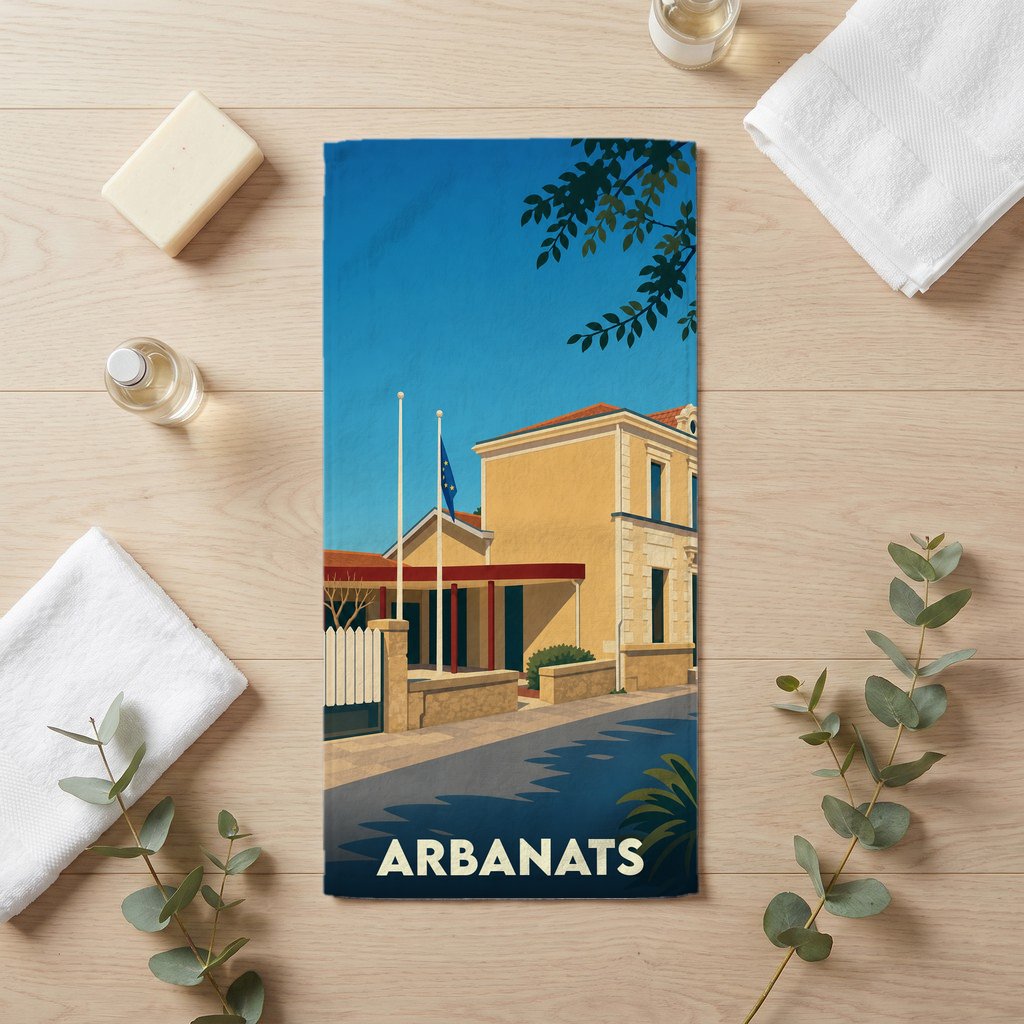 Serviette de bain souvenir de la ville d'Arbanats avec une illustration stylisée.