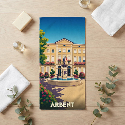 Serviette de bain souvenir de la ville de Arbent avec une illustration stylisée.