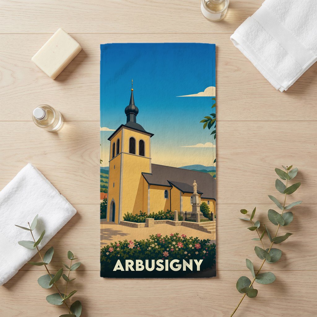 Serviette de bain souvenir de la ville d'Arbusigny avec une illustration stylisée de son église.