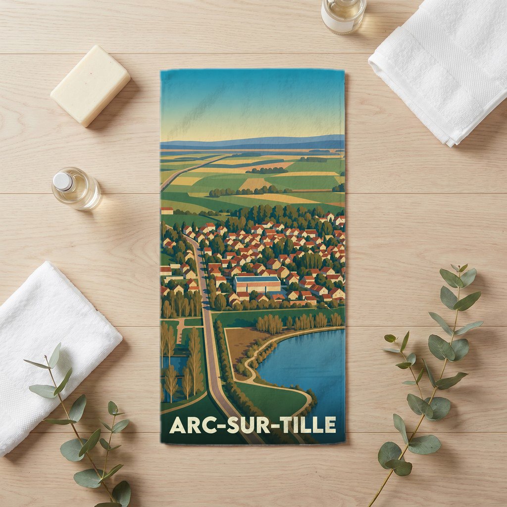 Serviette de bain souvenir de la ville de Arc-sur-Tille avec une illustration stylisée.