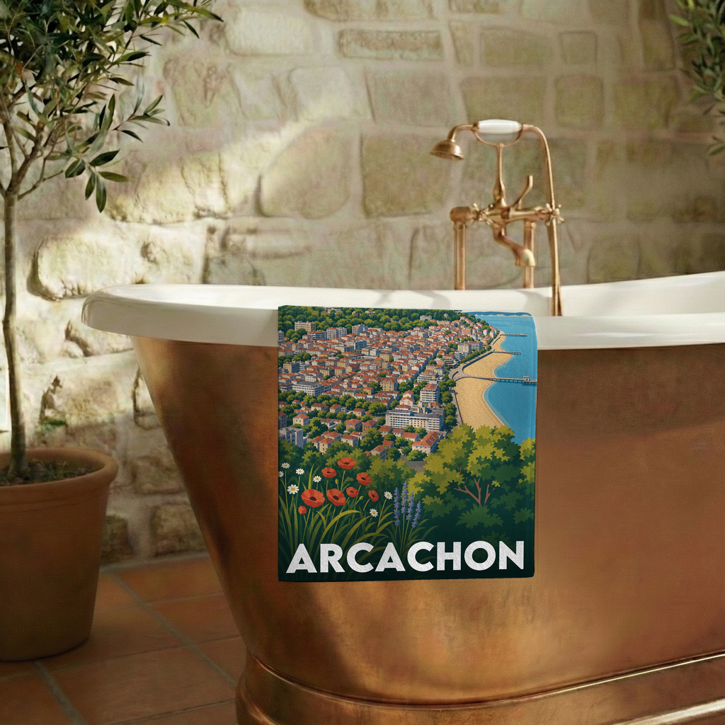 Serviette de bain souvenir de la ville d'Arcachon avec une illustration stylisée.