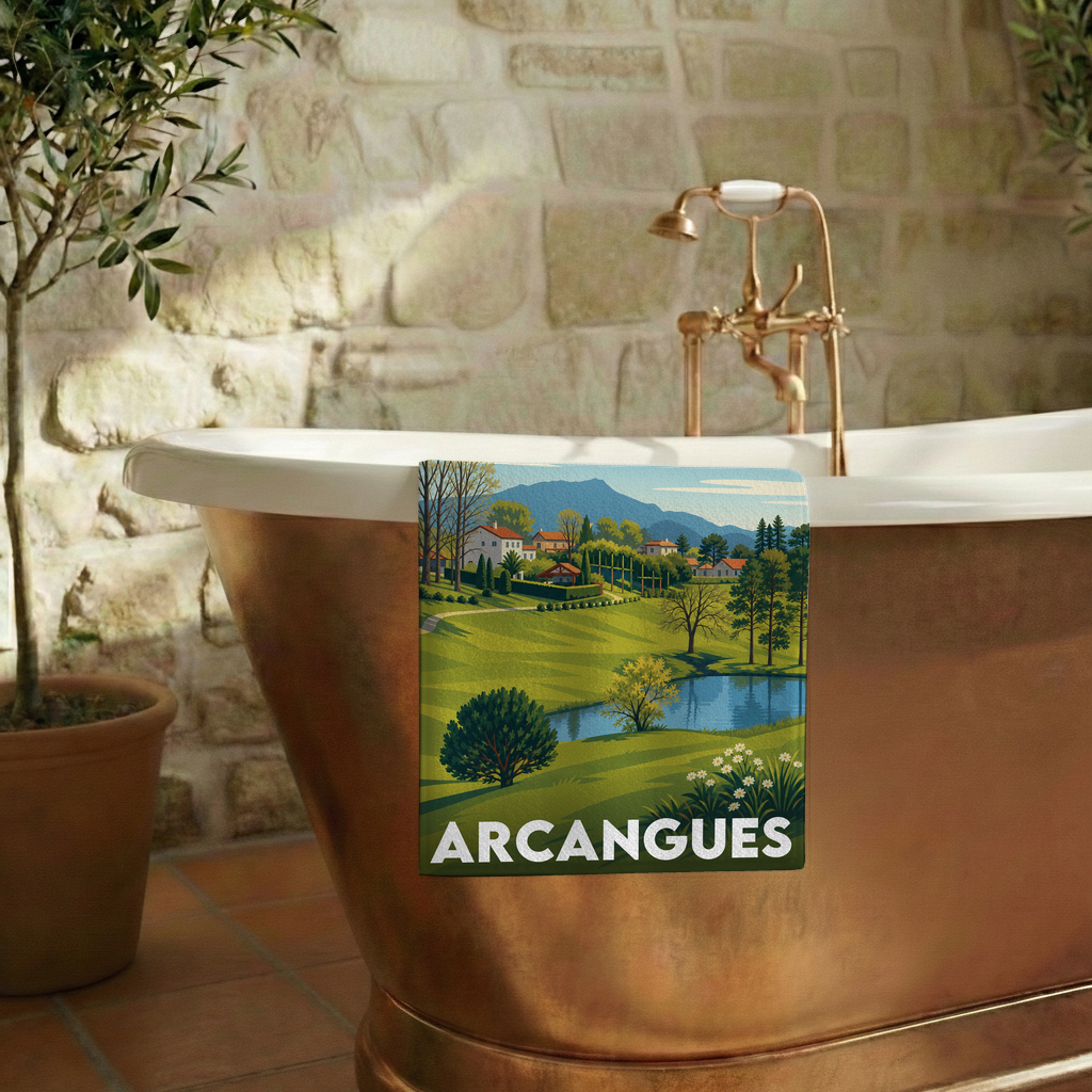 Serviette de bain souvenir de la ville d'Arcangues avec une illustration stylisée.