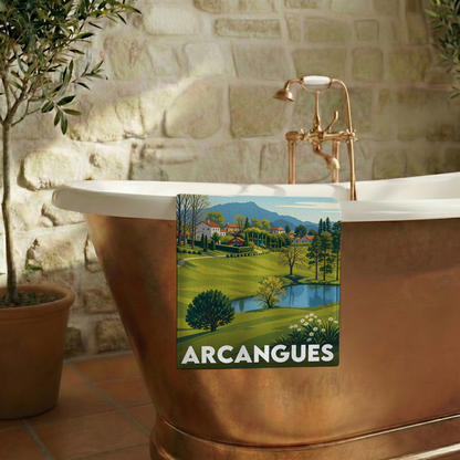 Serviette de bain souvenir de la ville d'Arcangues avec une illustration stylisée.