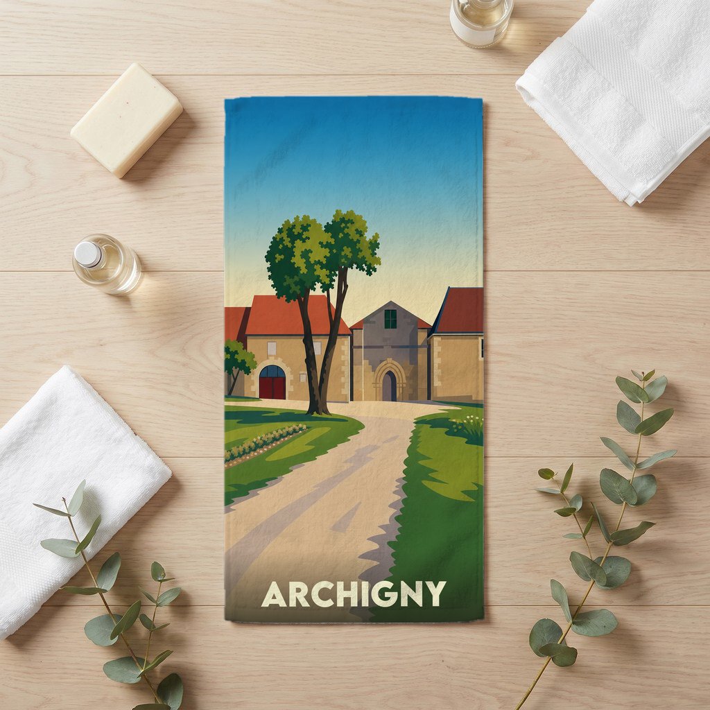 Serviette de bain souvenir de la ville d'Archigny illustrant un paysage de campagne stylisé.