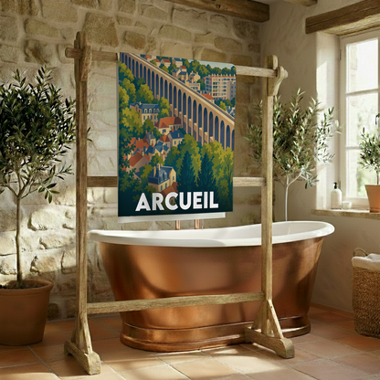 Serviette de bain souvenir de la ville d'Arcueil avec une illustration stylisée de son célèbre aqueduc.