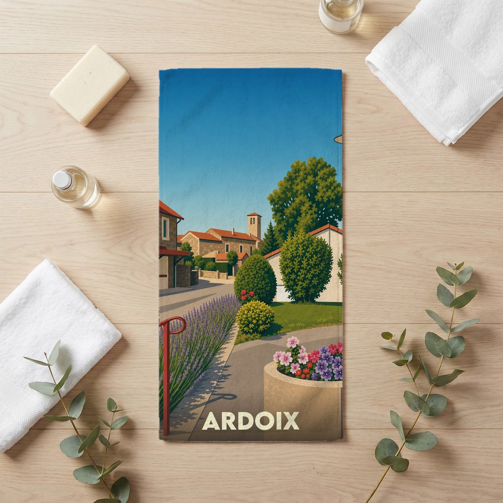 Serviette de bain souvenir de la ville d'Ardoix illustrant un paysage de village ensoleillé.