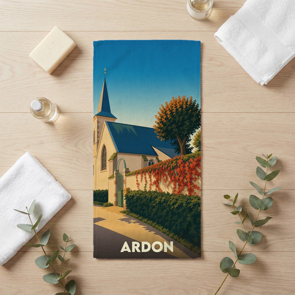 Serviette de bain souvenir de la ville de Ardon avec une illustration stylisée.