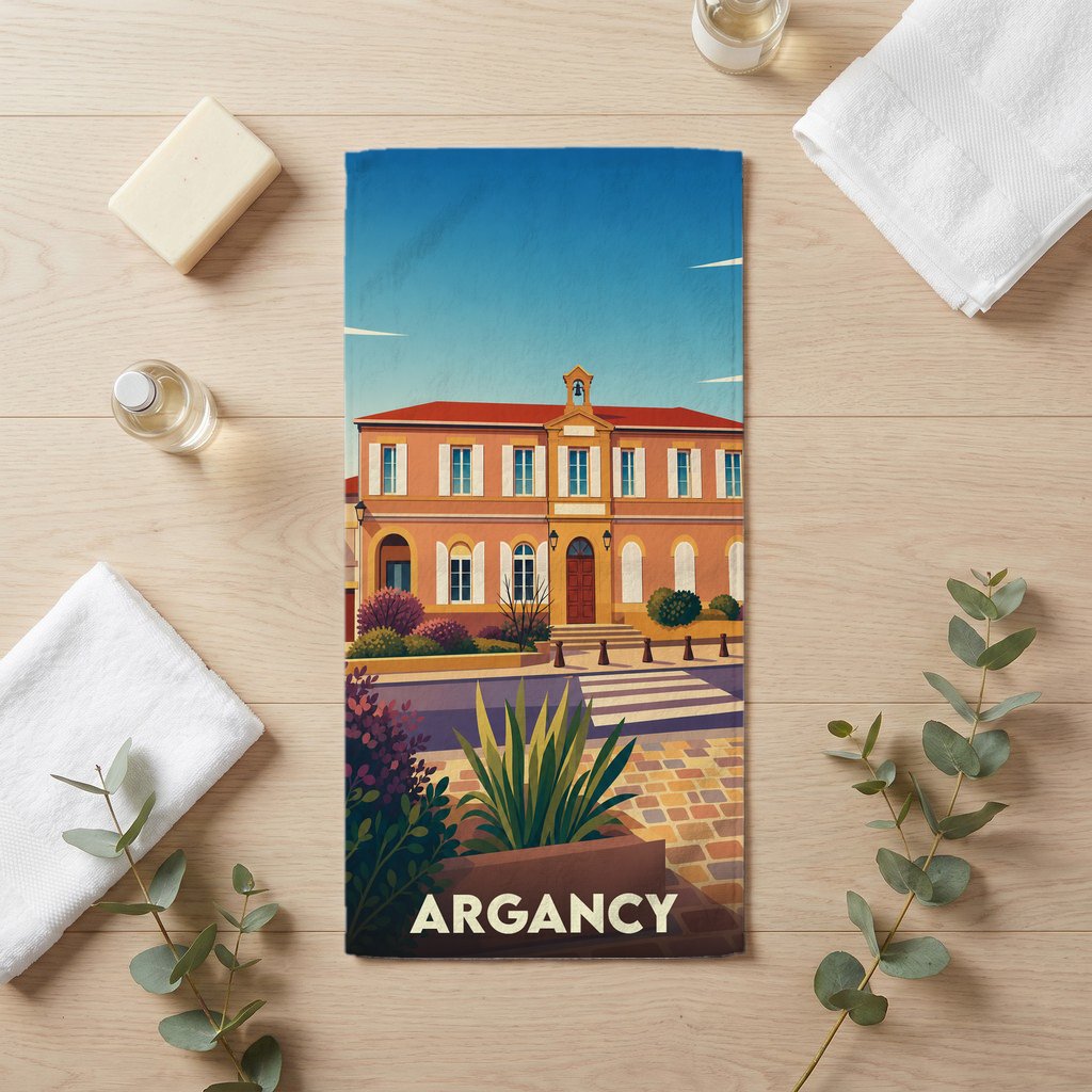 Serviette de bain souvenir de la ville de Argancy avec une illustration stylisée.