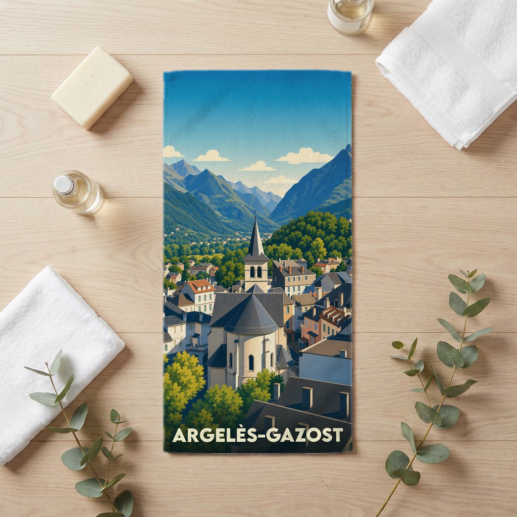 Serviette de bain souvenir de la ville de Argelès-Gazost avec une illustration de style affiche vintage.