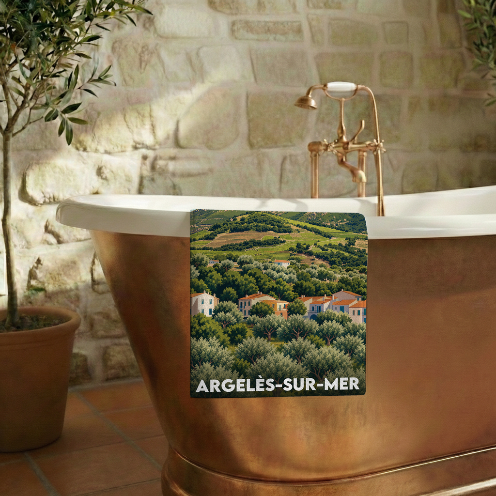 Serviette de bain souvenir de la ville d'Argelès-sur-Mer avec une illustration stylisée de paysages méditerranéens.