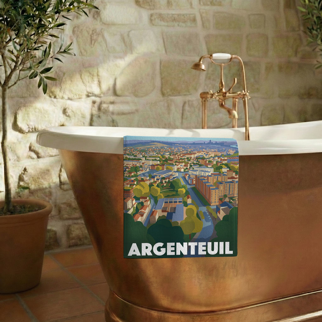 Serviette de bain souvenir de la ville d'Argenteuil avec une illustration stylisée de son paysage urbain.