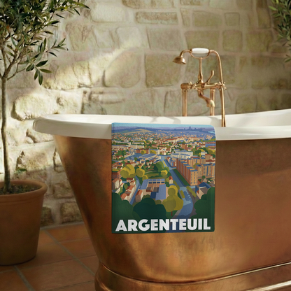 Serviette de bain souvenir de la ville d'Argenteuil avec une illustration stylisée de son paysage urbain.