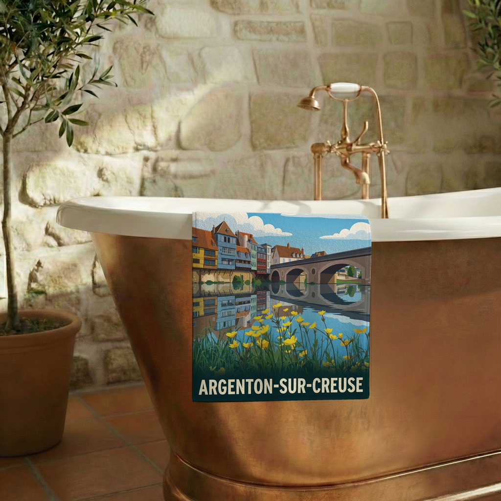 Serviette de bain souvenir de la ville d'Argenton-sur-Creuse avec une illustration stylisée de ses bords de l'eau.