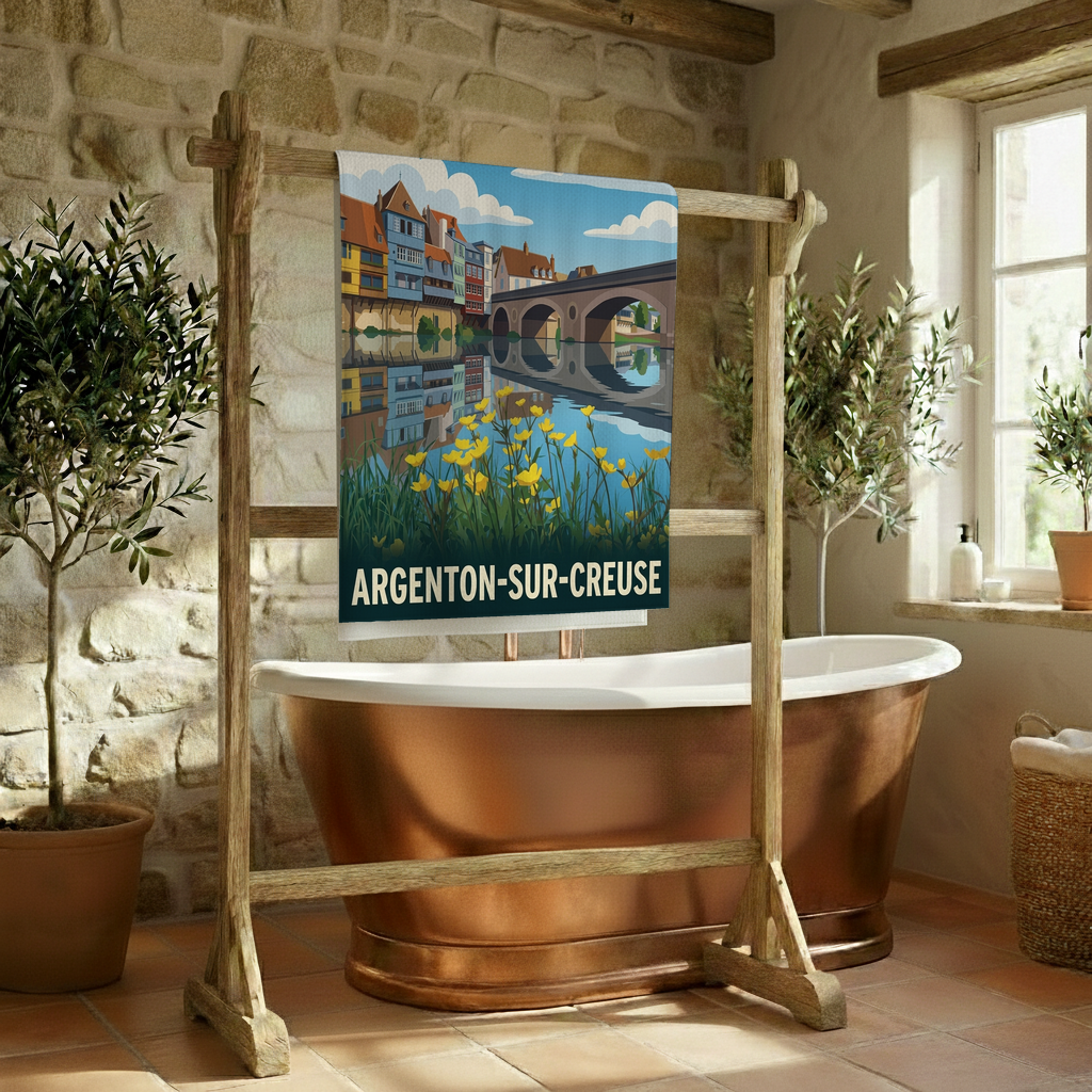 Serviette de bain souvenir de la ville d'Argenton-sur-Creuse avec une illustration stylisée.