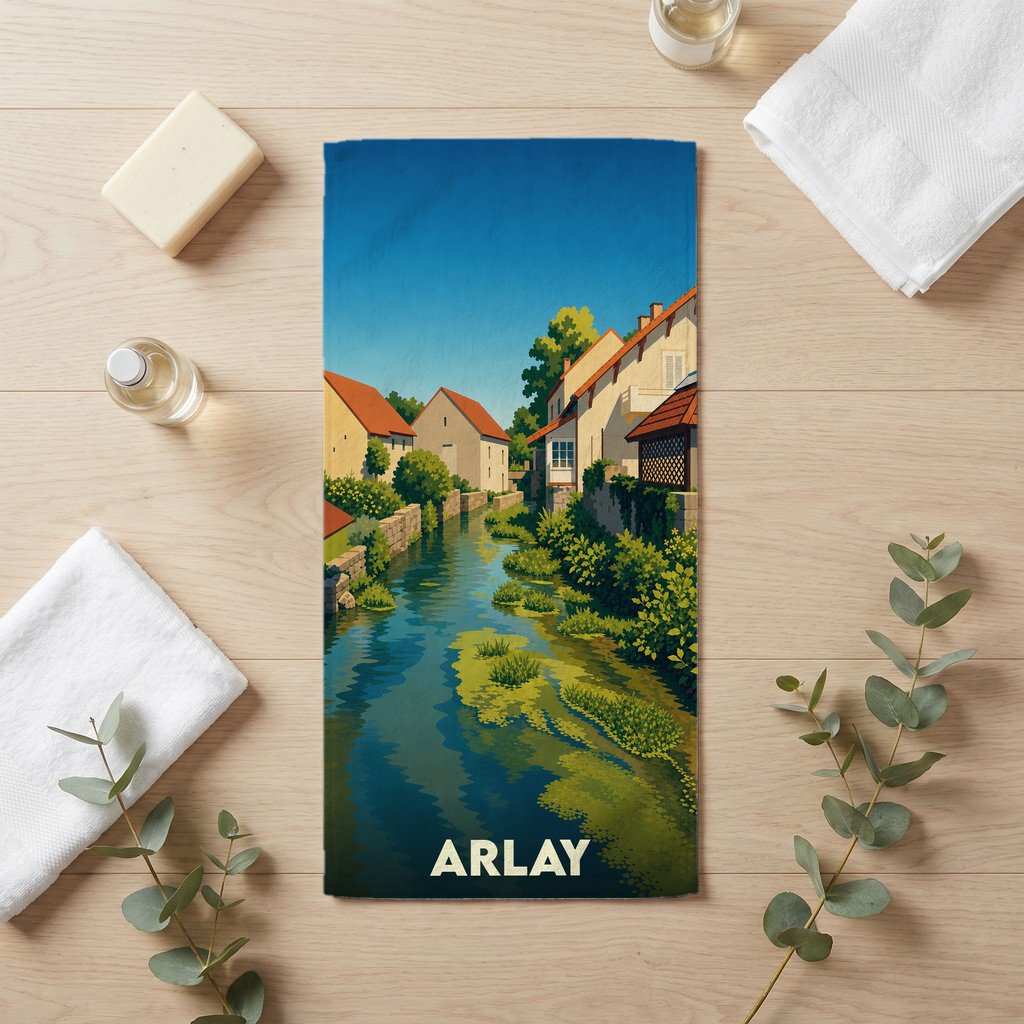 Serviette de bain souvenir de la ville de Arlay avec une illustration stylisée d'un canal bordé de maisons.