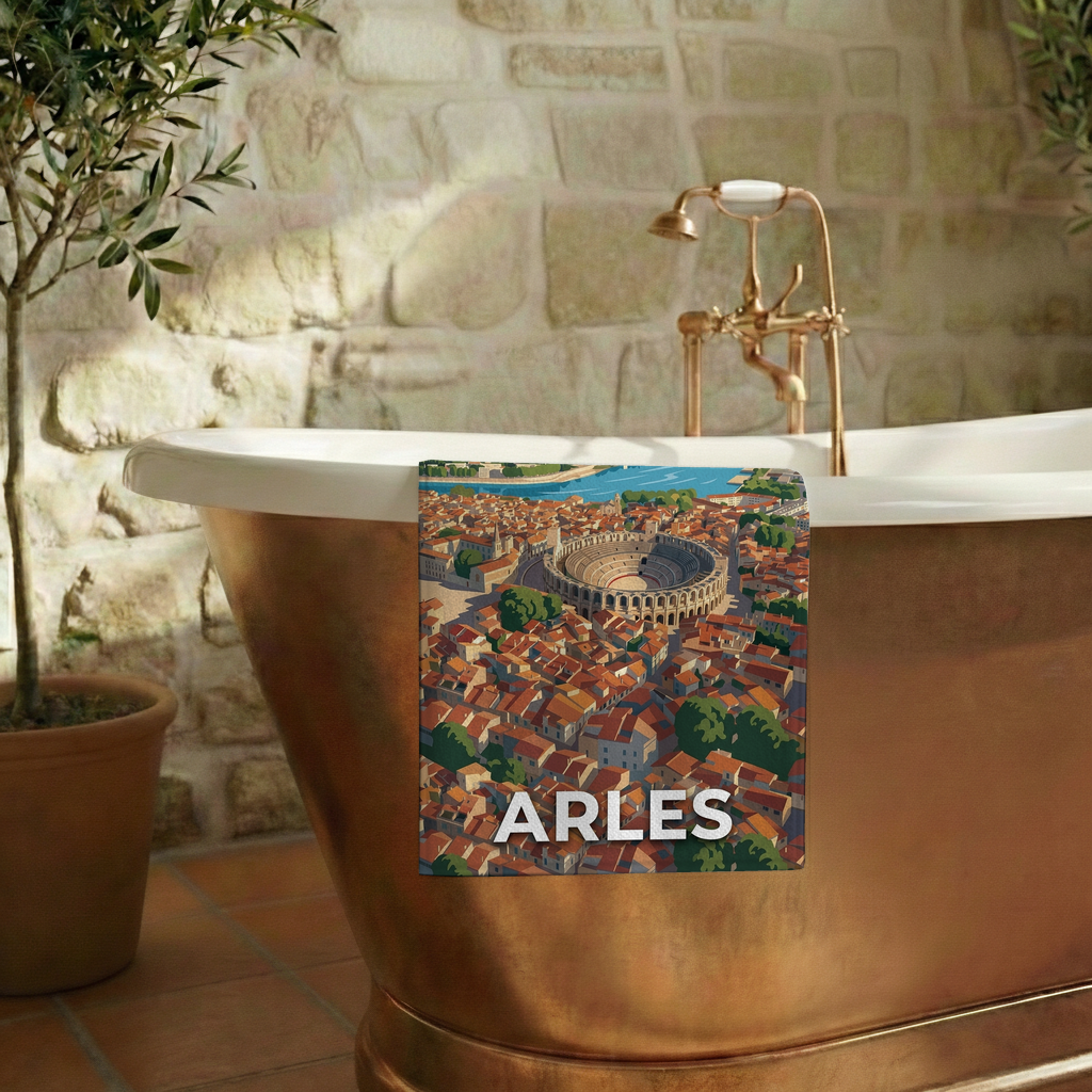 Serviette de bain souvenir de la ville d'Arles avec une illustration stylisée de ses arènes.