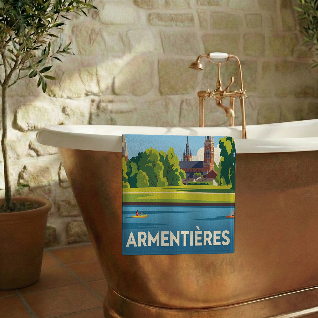 Serviette de bain souvenir de la ville d'Armentières avec une illustration stylisée.