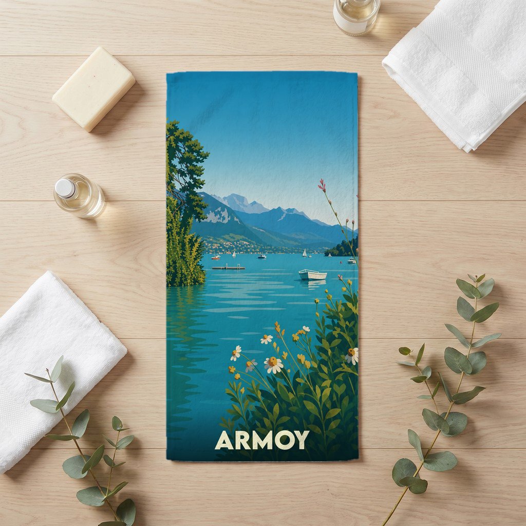 Serviette de bain souvenir de la ville d'Armoy avec une illustration stylisée d'un lac de montagne.