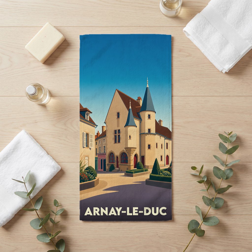 Serviette de bain souvenir de la ville d'Arnay-le-Duc avec une illustration stylisée de son architecture historique.