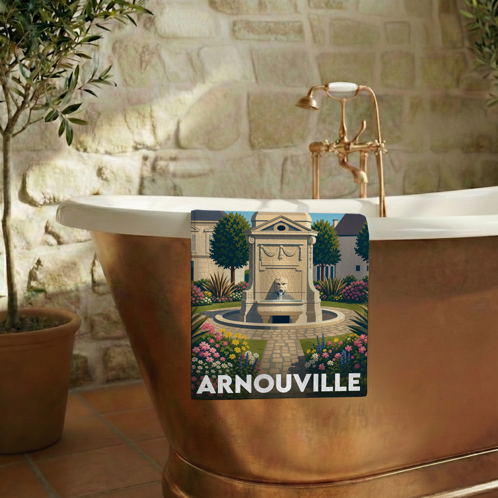 Serviette de bain souvenir de la ville d'Arnouville avec une illustration stylisée d'une fontaine dans un jardin.
