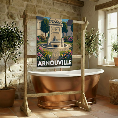 Serviette de bain souvenir de la ville d'Arnouville avec une illustration stylisée.