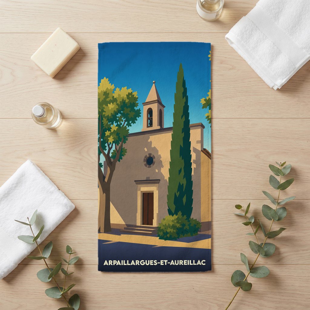 Serviette de bain souvenir de la ville d'Arpaillargues-et-Aureillac avec une illustration stylisée de son église.