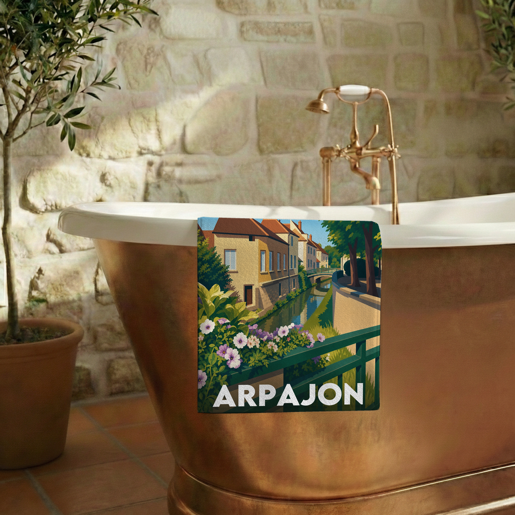 Serviette de bain souvenir de la ville d'Arpajon avec une illustration stylisée.