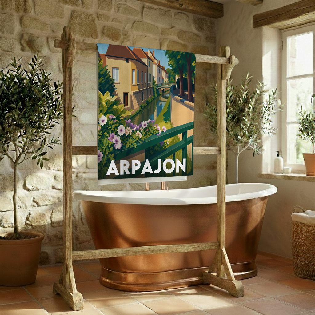 Serviette de bain souvenir de la ville d'Arpajon avec une illustration stylisée.
