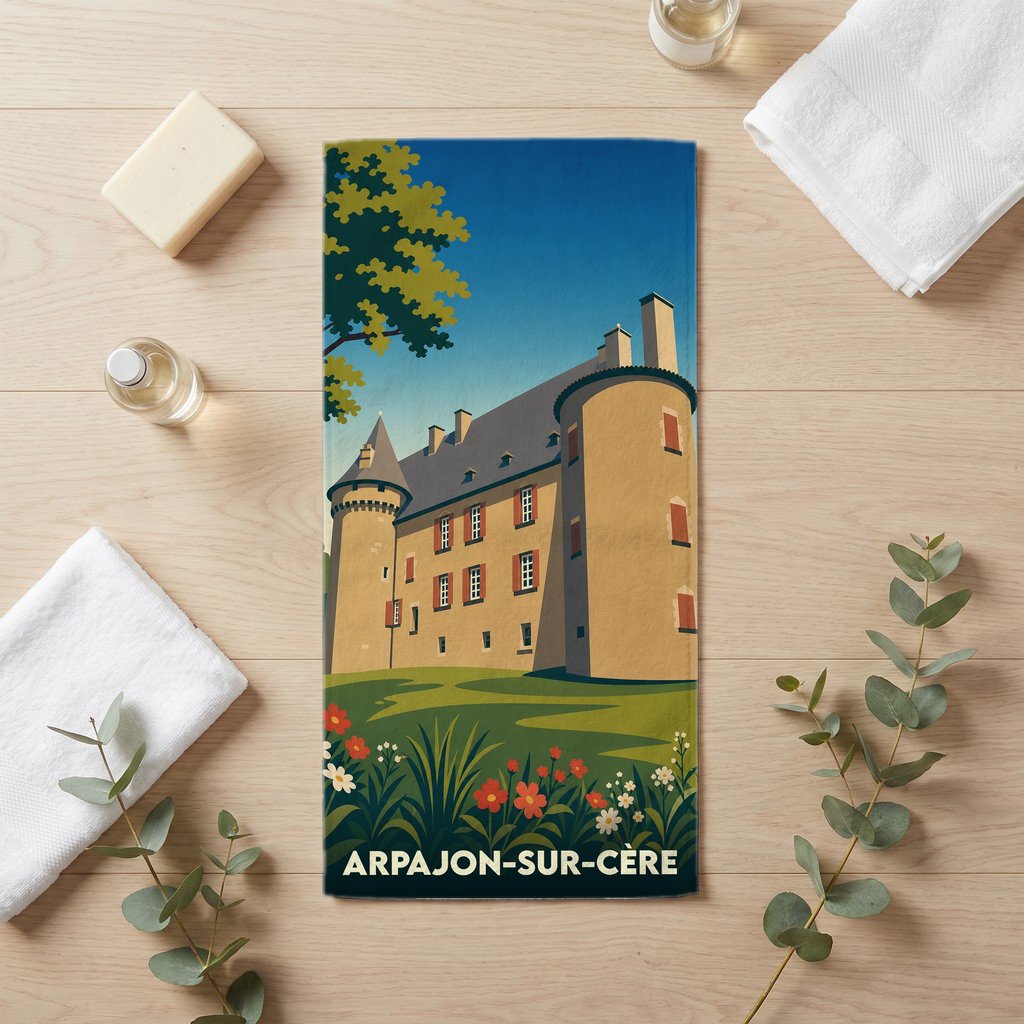Serviette de bain souvenir de la ville de Arpajon-sur-Cère avec une illustration stylisée de son château.
