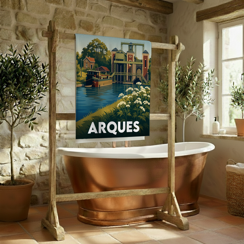 Serviette de bain souvenir de la ville d'Arques avec une illustration stylisée.