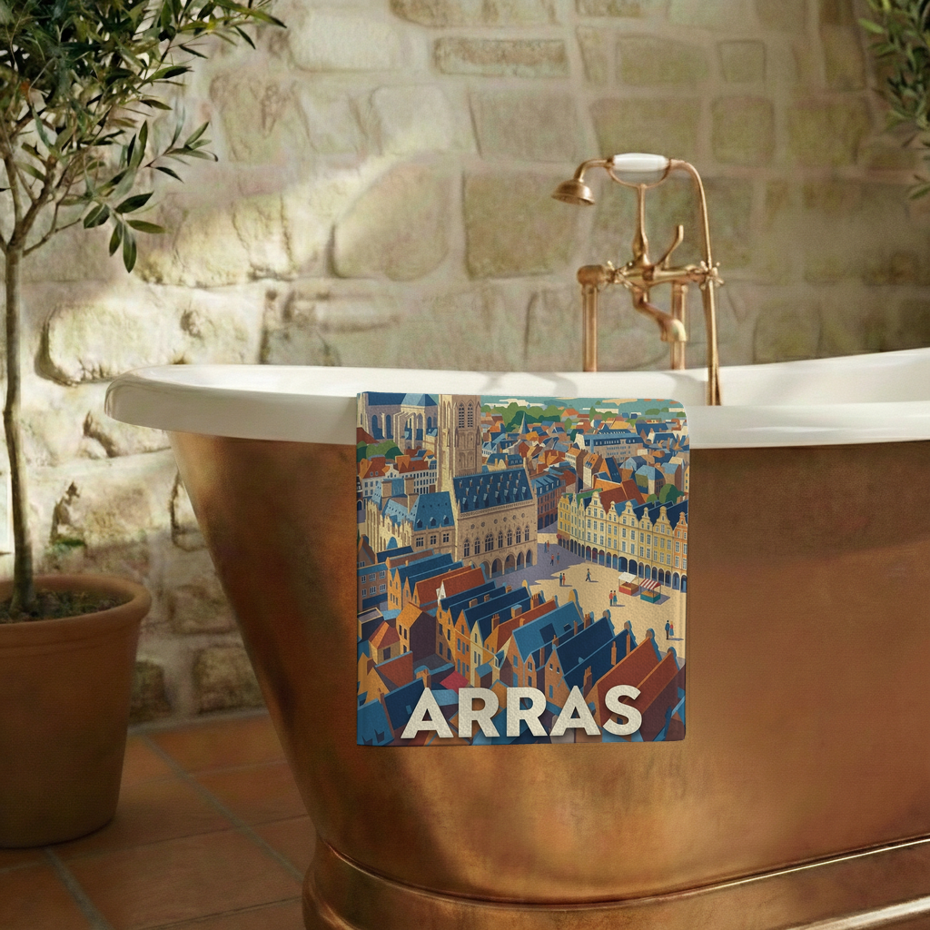 Serviette de bain souvenir de la ville d'Arras ornée d'une illustration stylisée de son architecture historique.