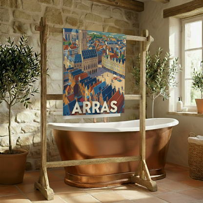Serviette de bain souvenir de la ville d'Arras avec une illustration stylisée.
