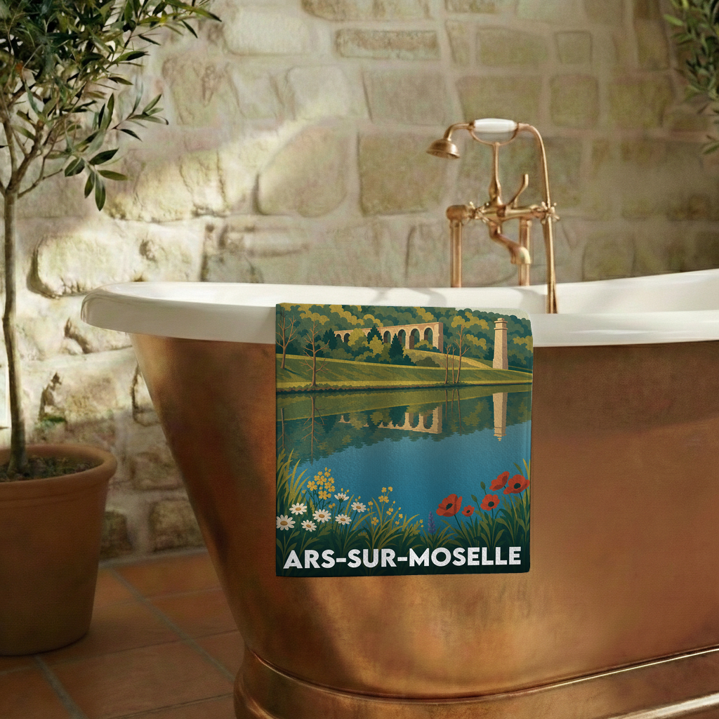 Serviette de bain souvenir de la ville d'Ars-sur-Moselle avec une illustration stylisée d'un paysage.