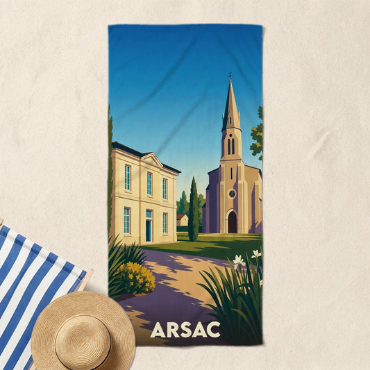 Serviette de bain souvenir de la ville d'Arsac illustrant son église et une maison bourgeoise dans un style rétro.