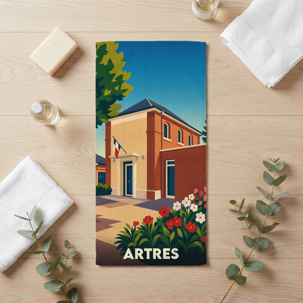 Serviette de bain souvenir de la ville d'Artres avec une illustration stylisée de la mairie.