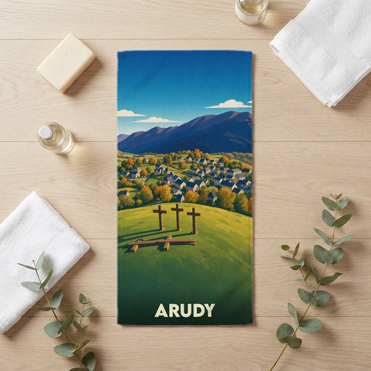 Serviette de bain souvenir de la ville d'Arudy illustrée de montagnes et de trois croix.