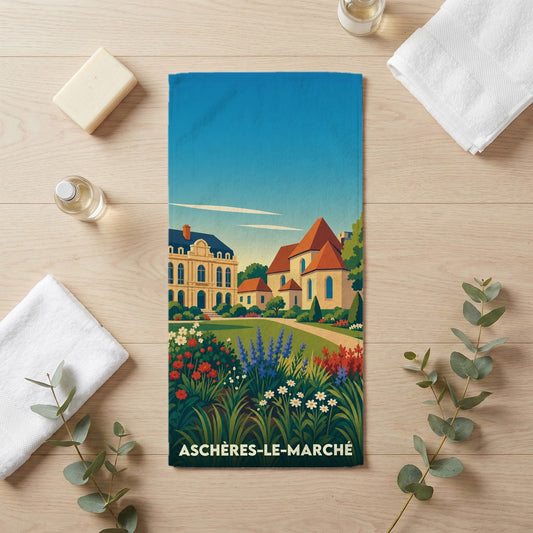 Serviette de bain souvenir de la ville de Aschères-le-Marché avec une illustration stylisée.
